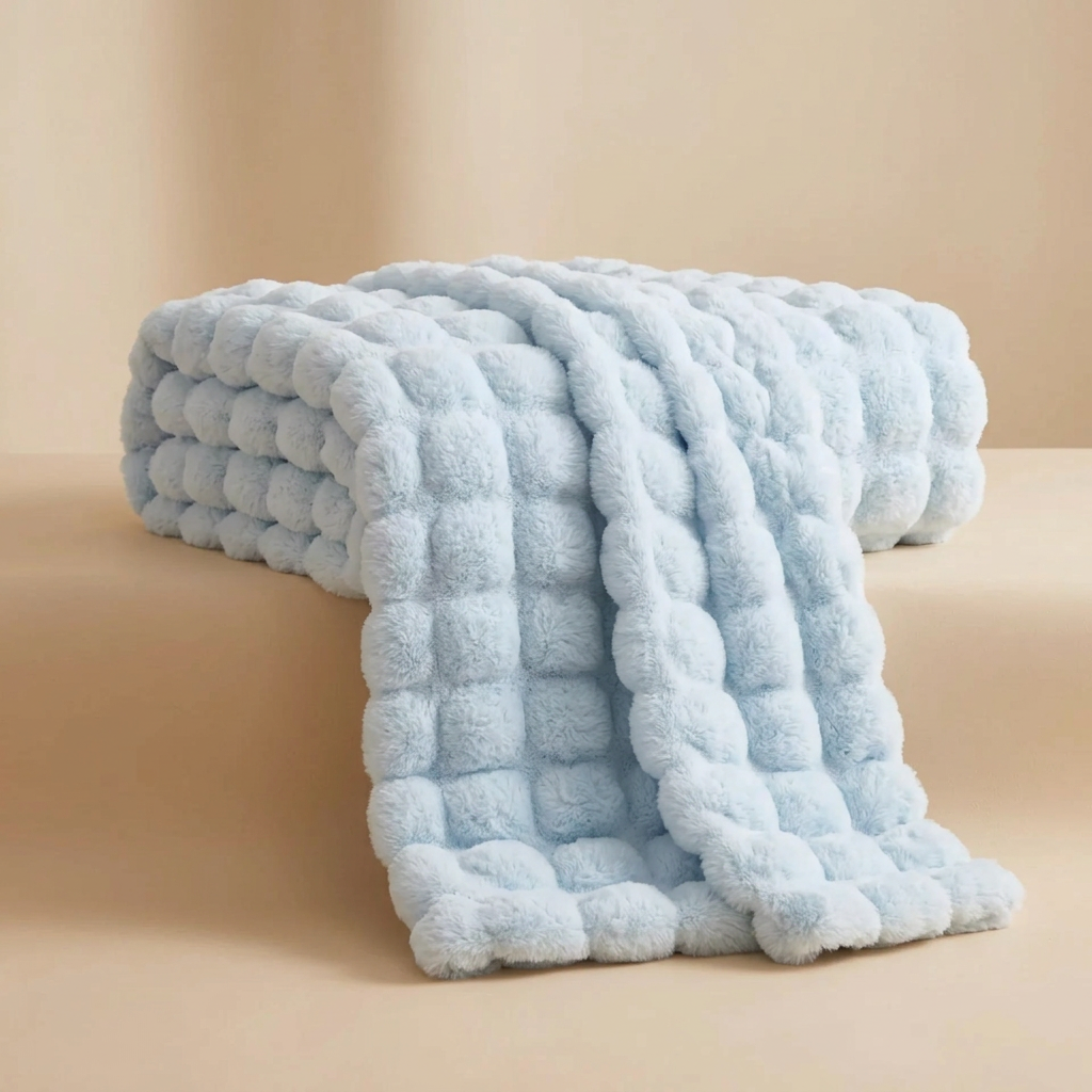Pale blue bubble-textured blanket folded and draped over a ledge against a warm beige backdrop 17