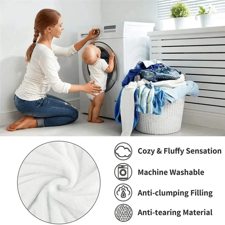 Care information graphic with a woman and toddler at a washing machine and a fluffy fabric swirl 11