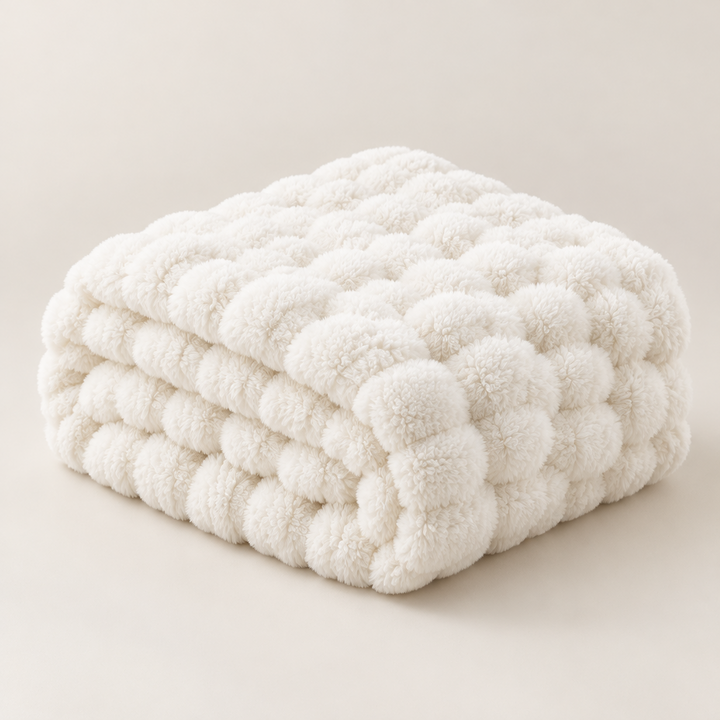 Cream white plush blanket folded in a thick stack showing its bubble texture on a light background 16