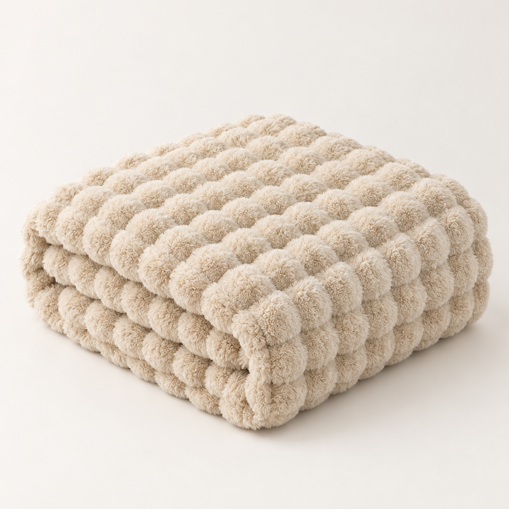 Beige bubble-textured plush blanket folded in a neat stack on a plain light background 13