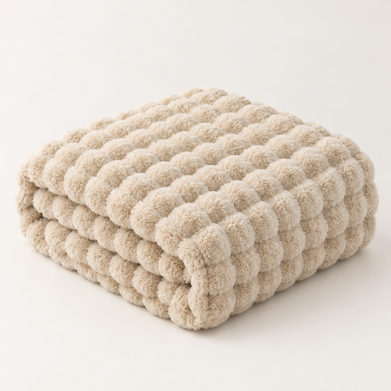 Beige bubble-textured plush blanket folded in a neat stack on a plain light background 13