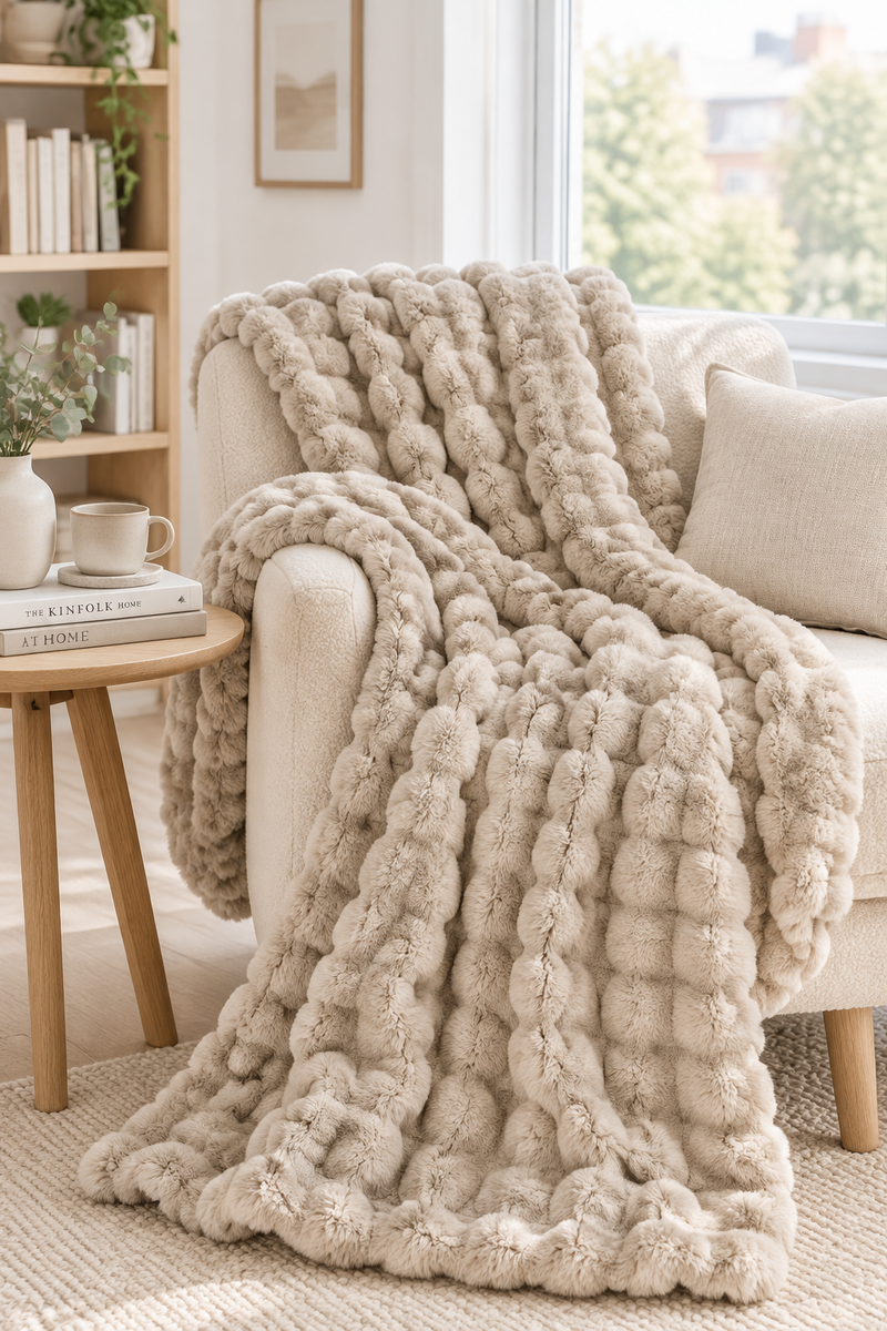 Beige bubble-textured blanket draped over a cream armchair beside a wooden side table and mug 13