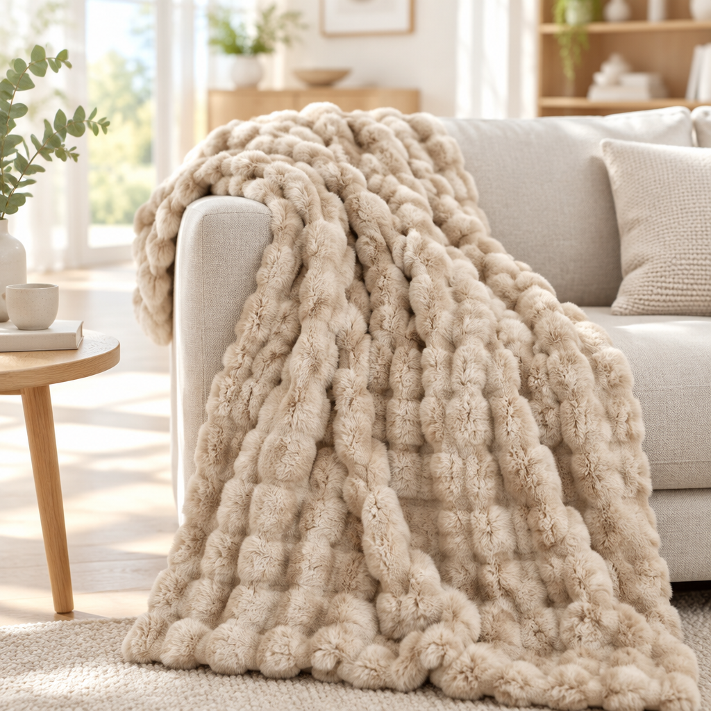 Beige bubble-textured plush blanket draped over the arm of a light sofa in a sunny living room 12