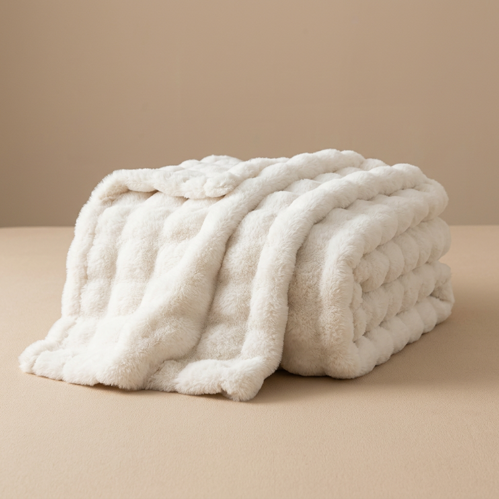 Cream white fluffy blanket folded in a neat stack with one edge hanging down 16