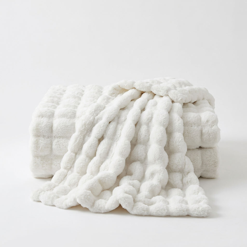 White bubble-textured throw folded with one end draped over, on a plain white background 15