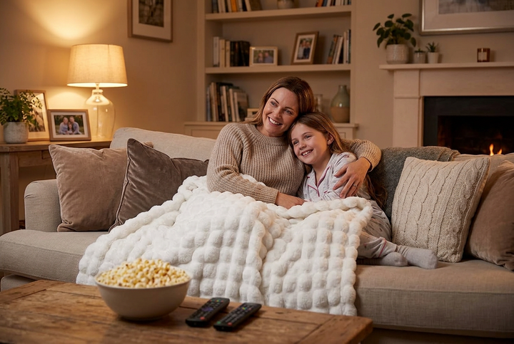 Mother and daughter snuggled under a white bubble-textured fluffy blanket on a sofa, with popcorn 1