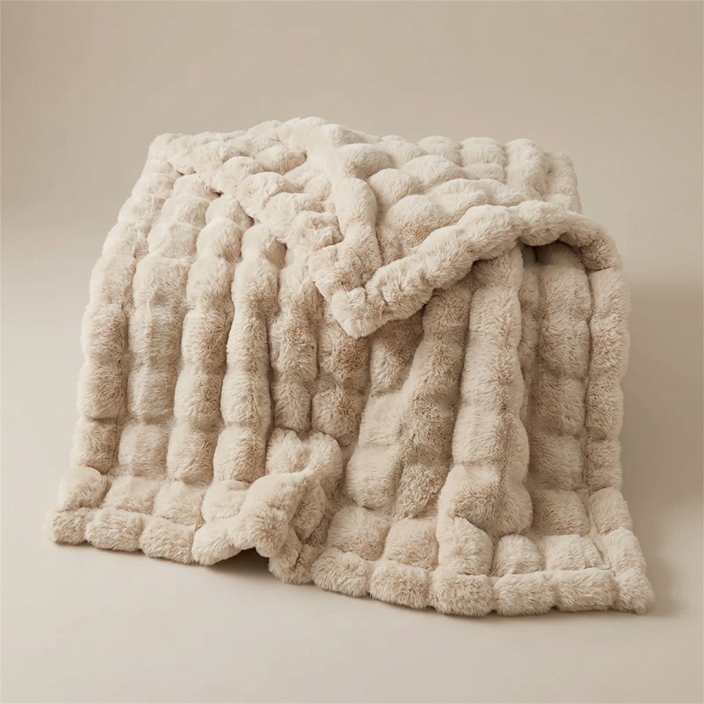 Beige faux fur blanket with raised bubble texture, loosely folded and photographed against a plain neutral background 13