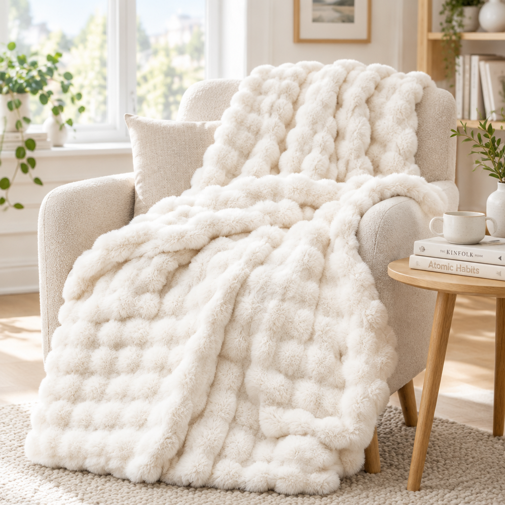 Cream bubble-textured blanket draped over an armchair in a bright living room with a cushion 16