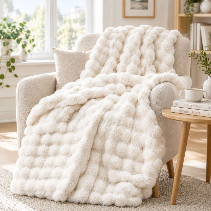 Cream bubble-textured blanket draped over an armchair in a bright living room with a cushion 16