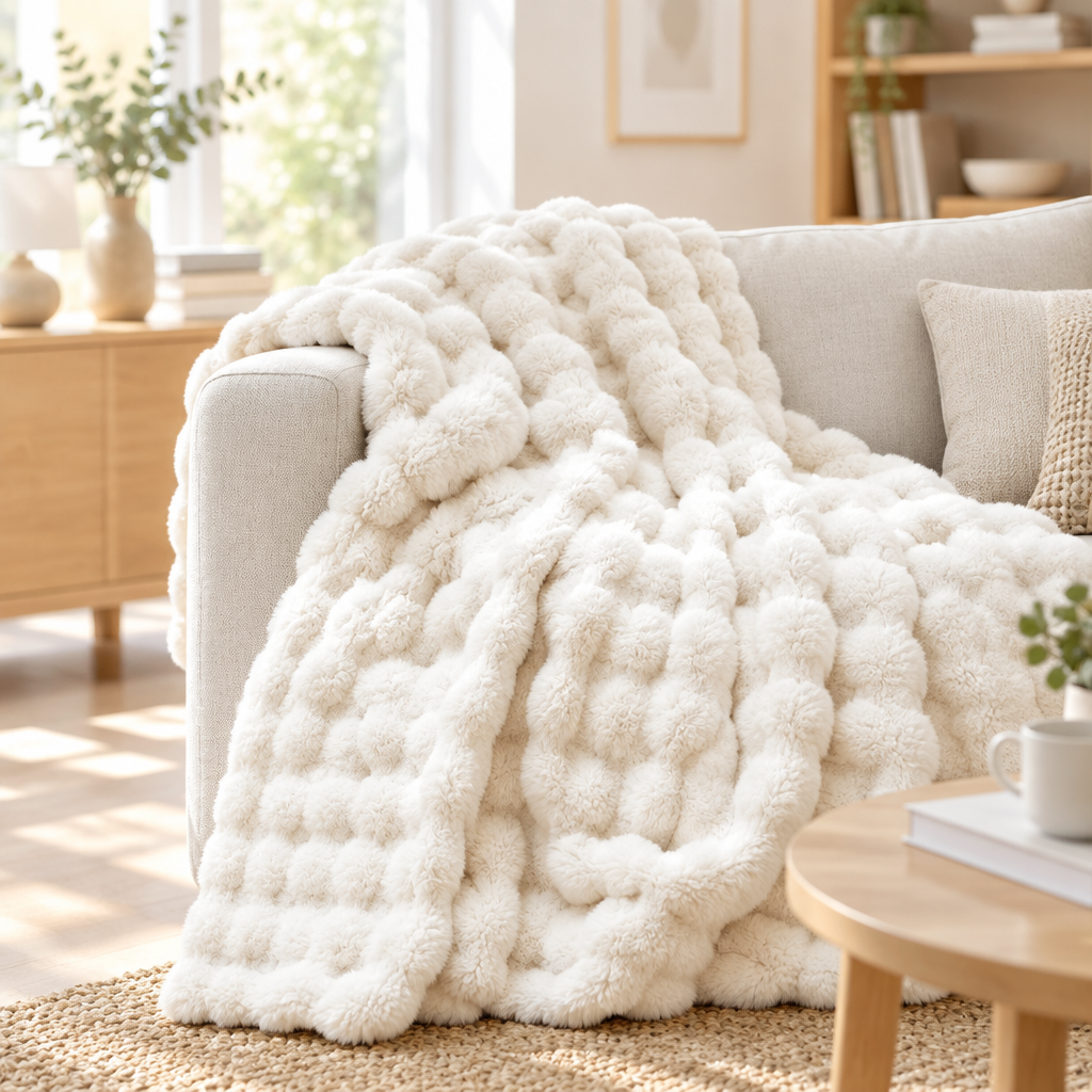 Cream fluffy bubble-textured plush blanket draped over a sofa on a woven rug in a bright living room 15