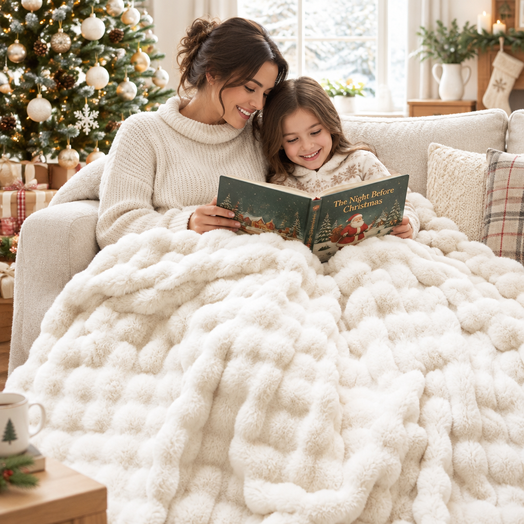 Mother and daughter read a book together under a cream fluffy blanket on a sofa by a Christmas tree 1