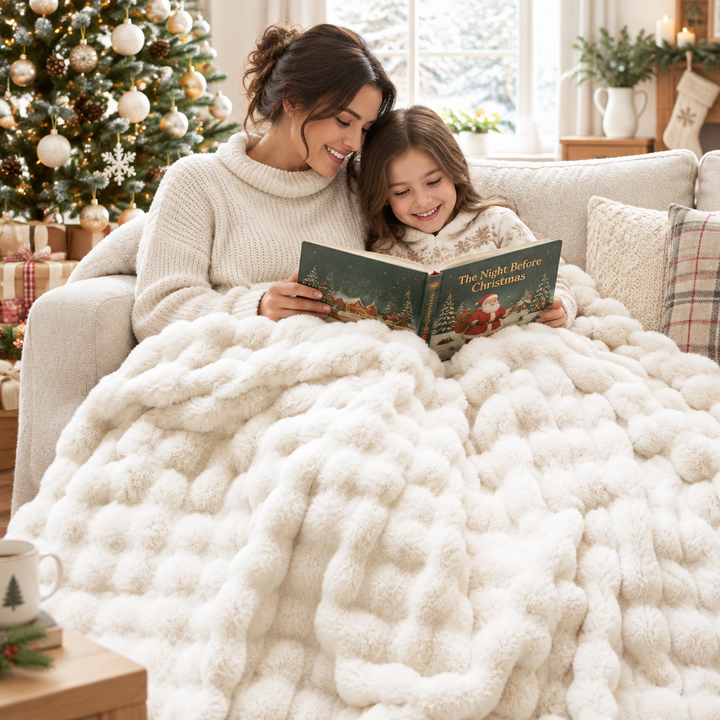 Mother and daughter read a book together under a cream fluffy blanket on a sofa by a Christmas tree 1