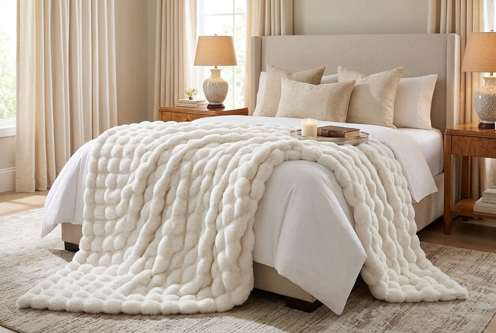 Cream bubble-textured faux fur throw draped over the foot of a made bed in a bedroom 1