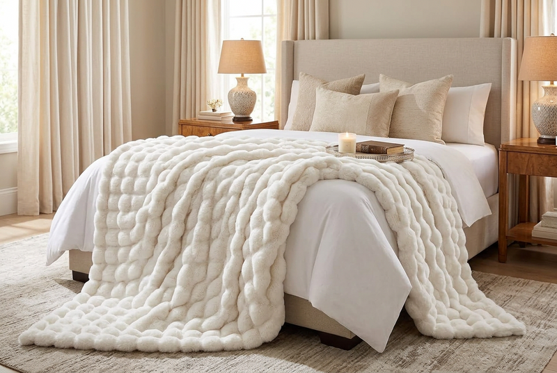 Cream bubble-textured faux fur throw draped over the foot of a made bed in a bedroom 1