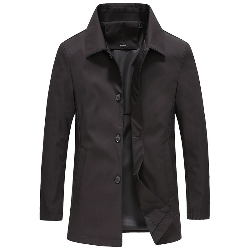 Windproof Long Men's Coat in Solid Colour - Mees