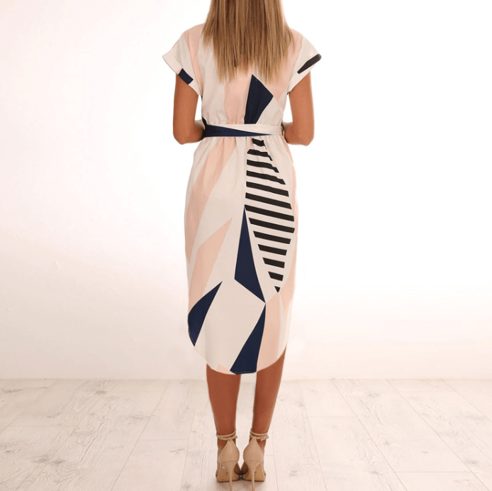 Trendy asymmetrical women's midi dress with print and waistbelt – Elira-S-State of Style