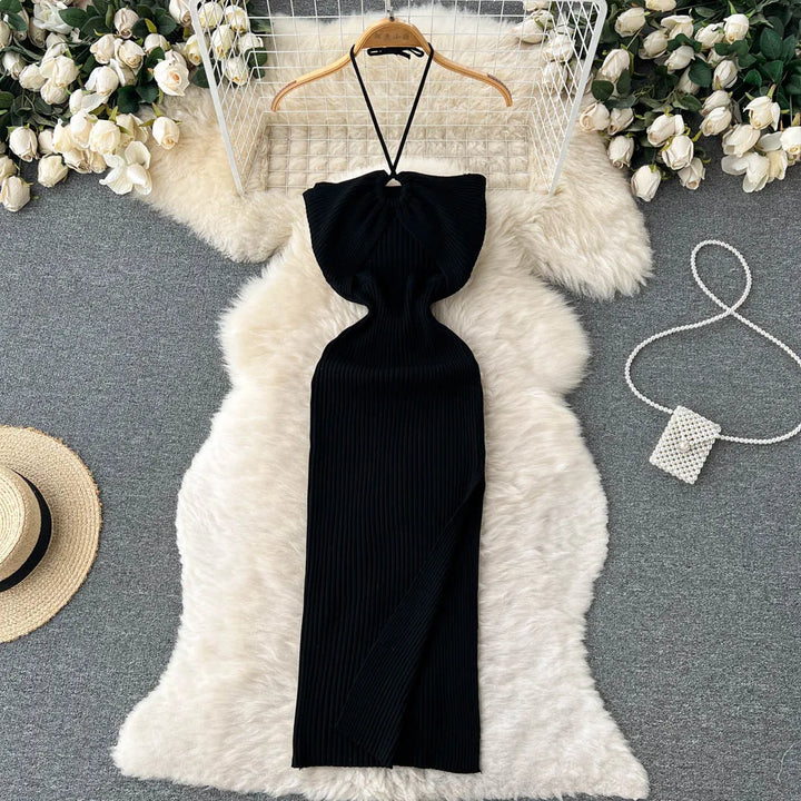 Trendy backless maxi knitted dress with side slit for women (one size) – Liora-Black-State of Style
