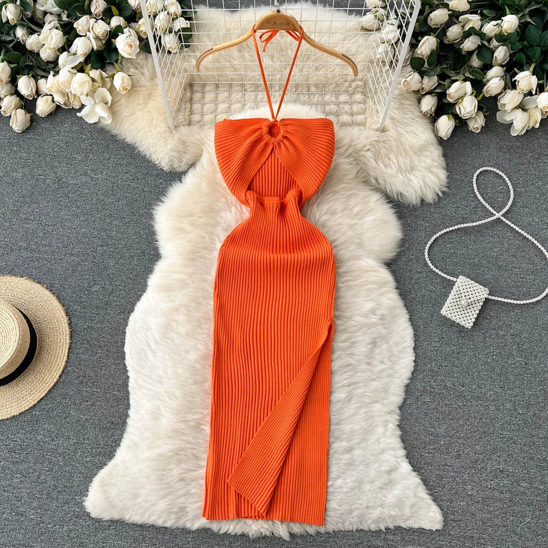 Trendy backless maxi knitted dress with side slit for women (one size) – Liora-Orange-State of Style