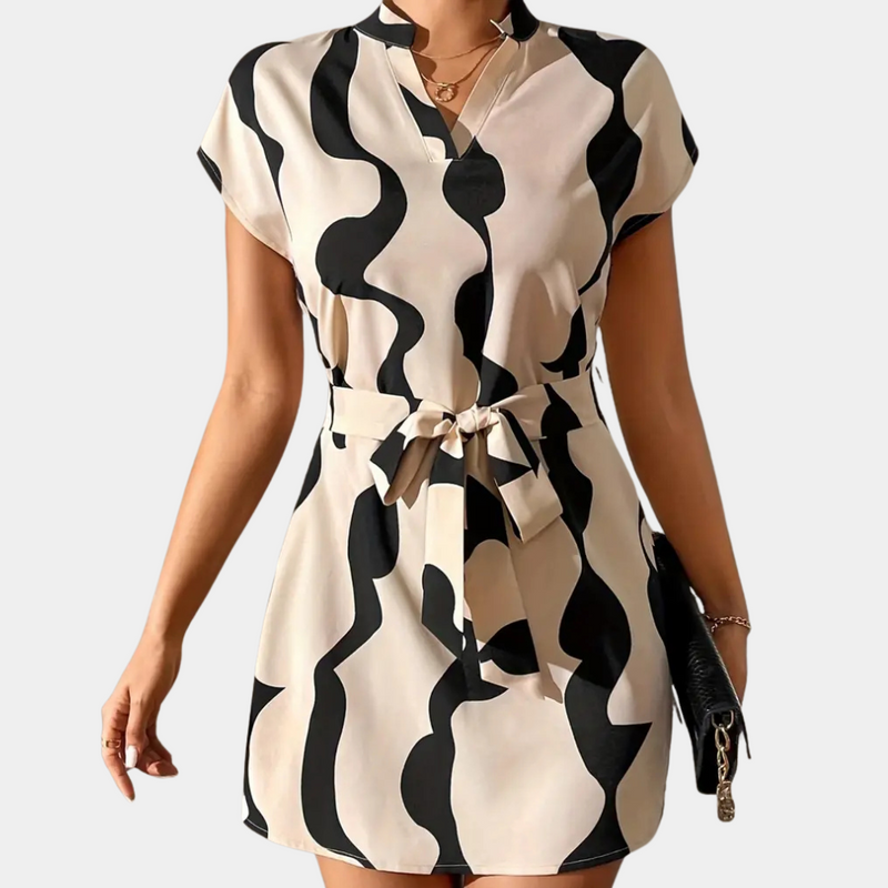 Trendy Beige Dress with Belt - Elena-XS-State of Style