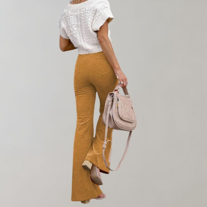 Trendy Corduroy Flared Trousers - Valerie-Khaki-S-State of Style