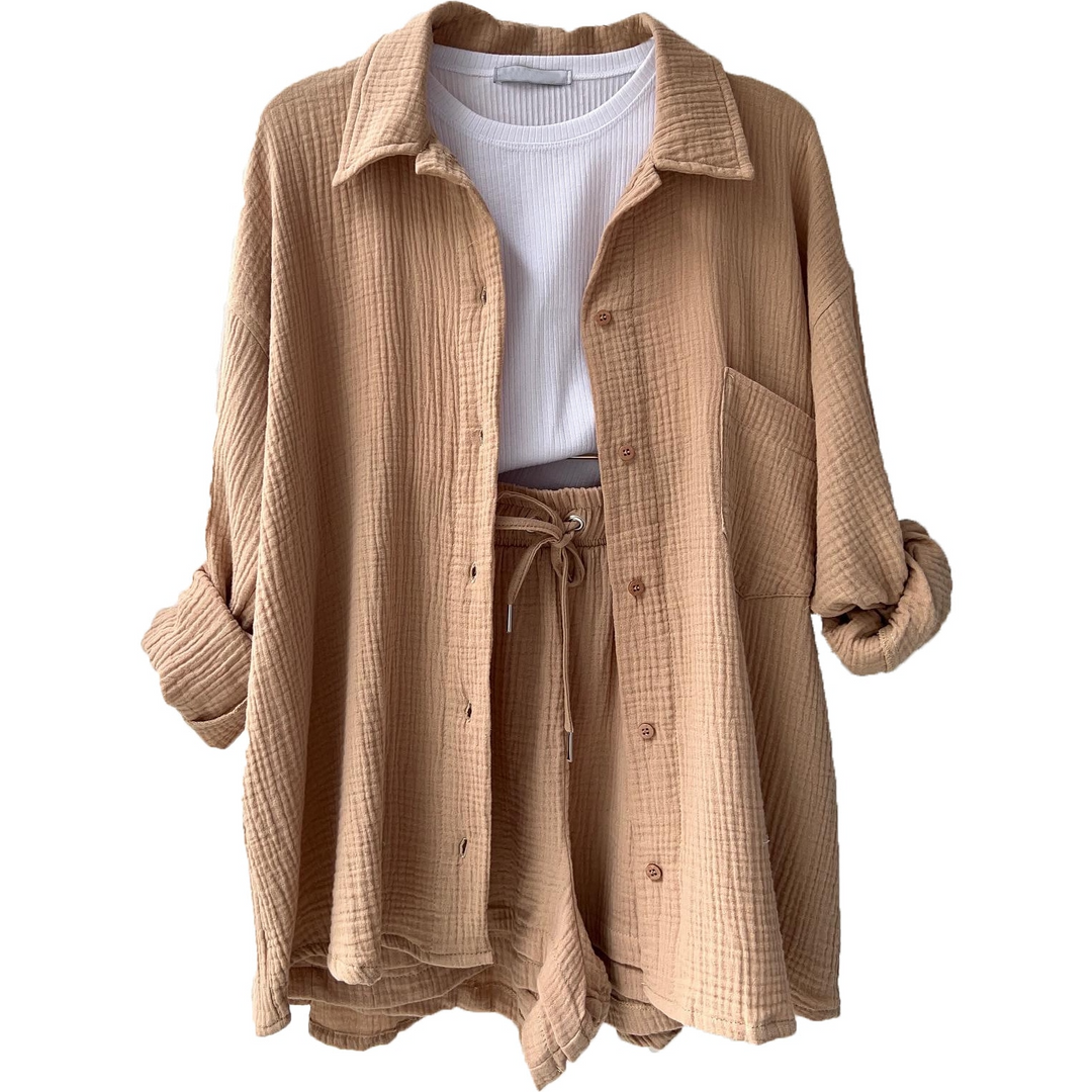Trendy Cotton Summer Suit Ladies – Faylin-Khaki-S-State of Style