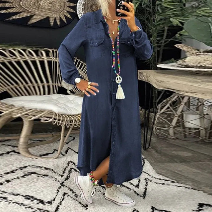 Trendy Denim Dress with Button Closure and Pockets – Isaline-Blue-S-State of Style