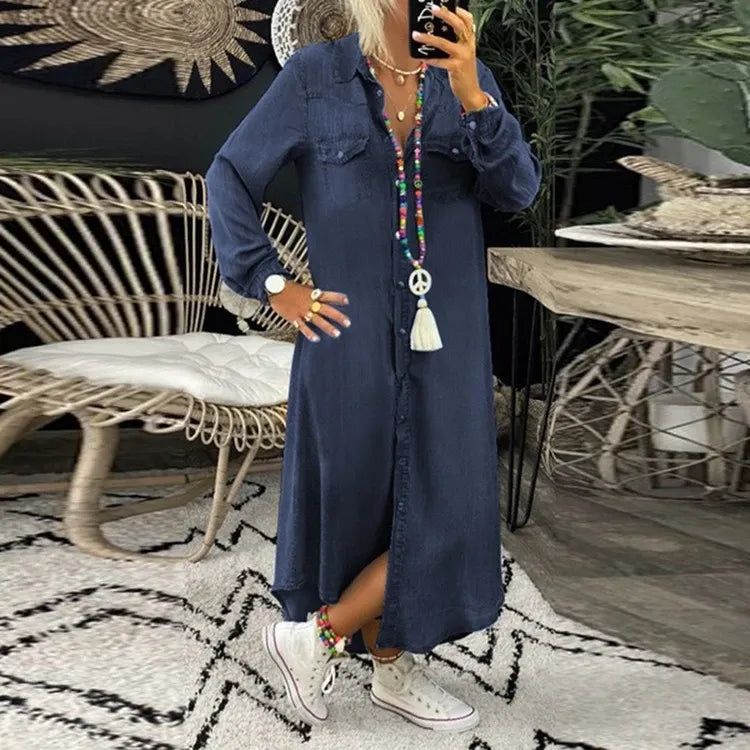 Trendy Denim Dress with Button Closure and Pockets – Isaline-Blue-S-State of Style
