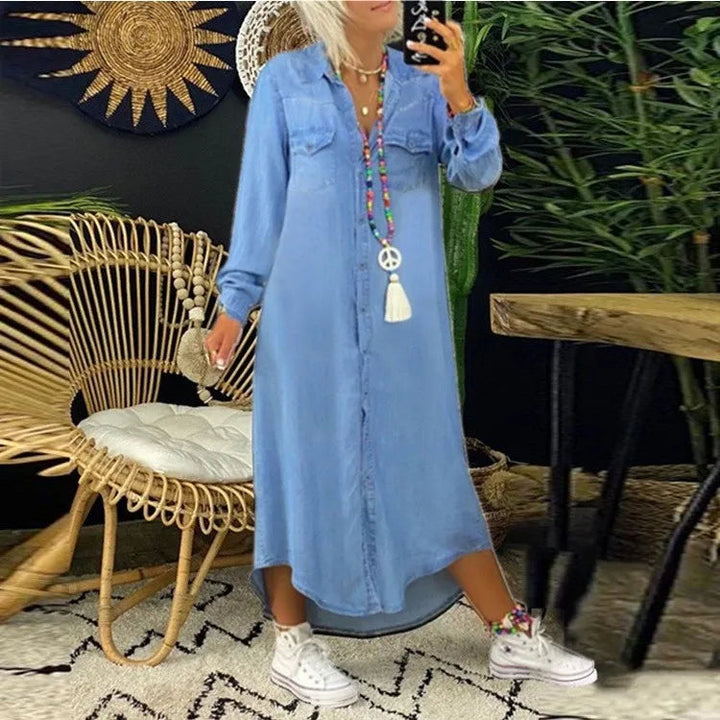 Trendy Denim Dress with Button Closure and Pockets – Isaline-Light blue-S-State of Style