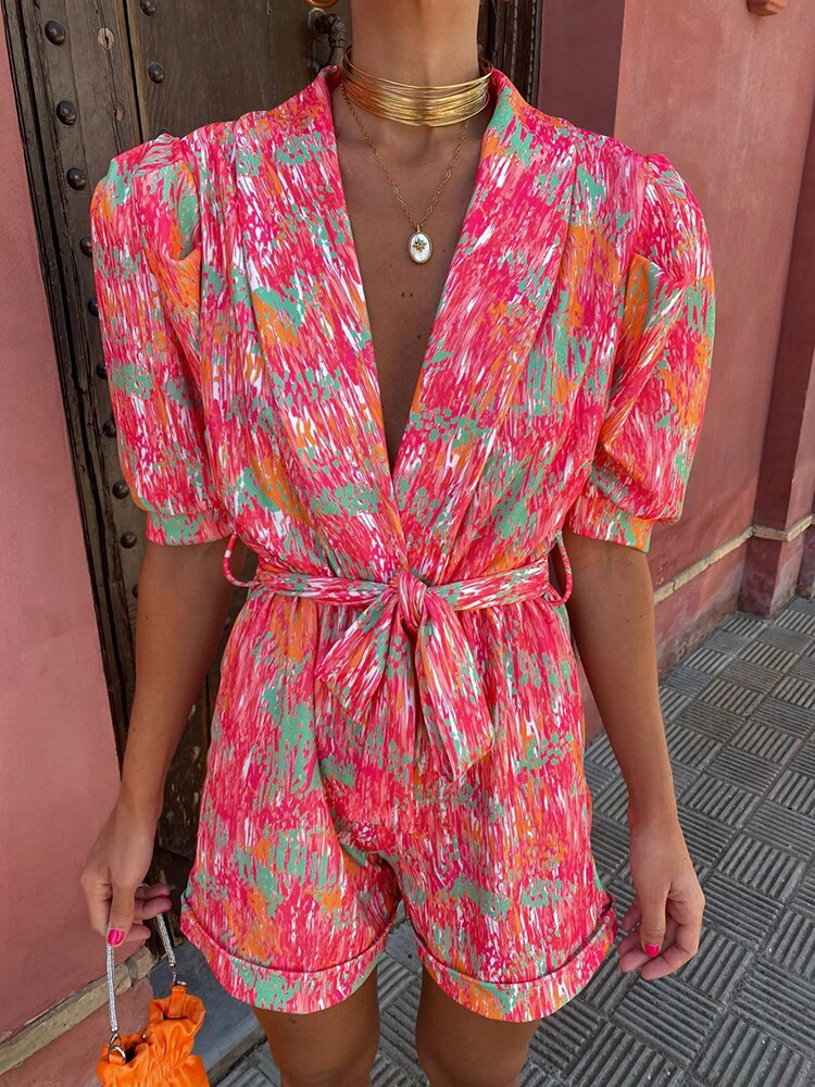 Trendy festival print playsuit with belt – Leona-Purple-S-State of Style