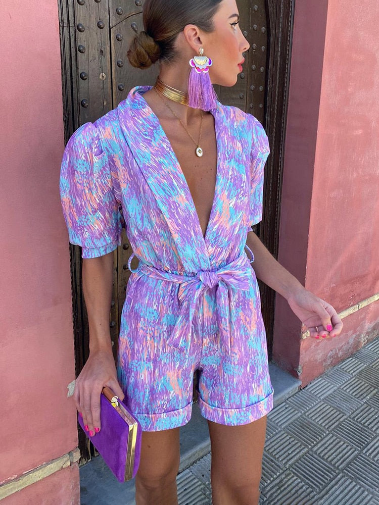 Trendy festival print playsuit with belt – Leona-Purple-S-State of Style