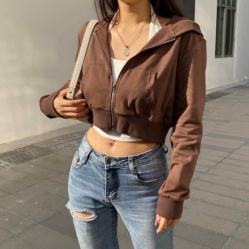 Trendy Fitted Women's Cropped Zip-Up Hoodie with Hood – Alina-Brown-S-State of Style