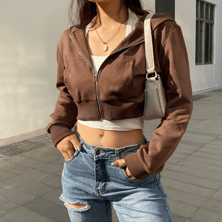 Trendy Fitted Women's Cropped Zip-Up Hoodie with Hood – Alina-Brown-S-State of Style
