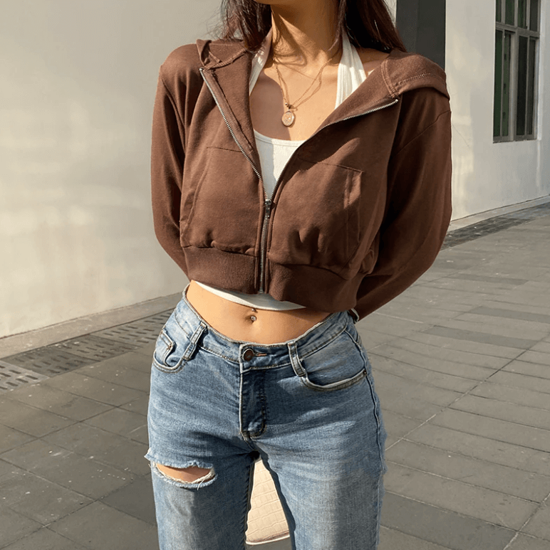 Trendy Fitted Women's Cropped Zip-Up Hoodie with Hood – Alina-Brown-S-State of Style