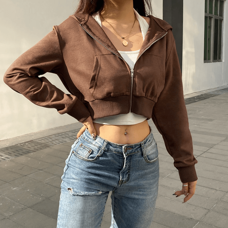 Trendy Fitted Women's Cropped Zip-Up Hoodie with Hood – Alina-Brown-S-State of Style