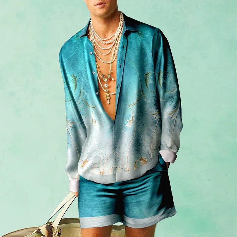 Trendy Hawaiian set with a silk look for men – Fabio-Dark blue/White-S-State of Style