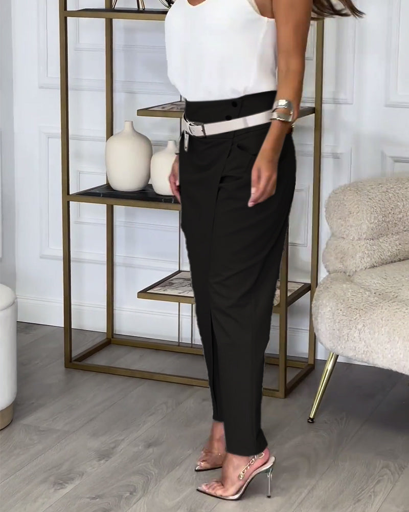Trendy Ladies Patchwork Trousers with Belt - Liv-Grey-S-State of Style