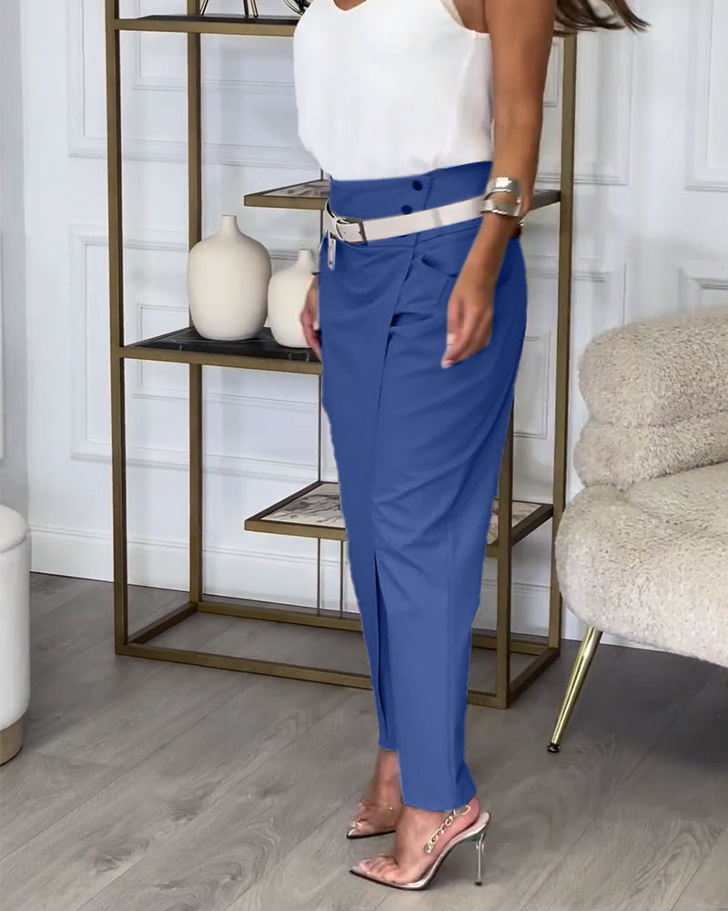 Trendy Ladies Patchwork Trousers with Belt - Liv-Grey-S-State of Style