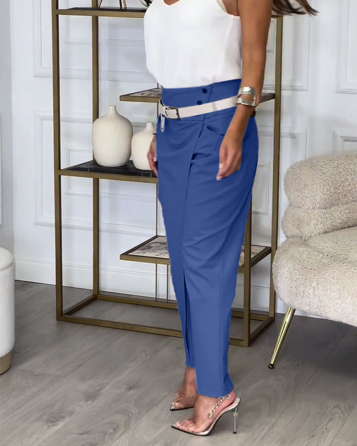 Trendy Ladies Patchwork Trousers with Belt - Liv-Grey-S-State of Style