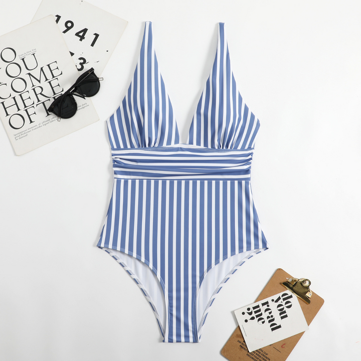 Trendy Ladies' Swimsuit with V-Neck and Striped Pattern – Lina-Beige-S-State of Style