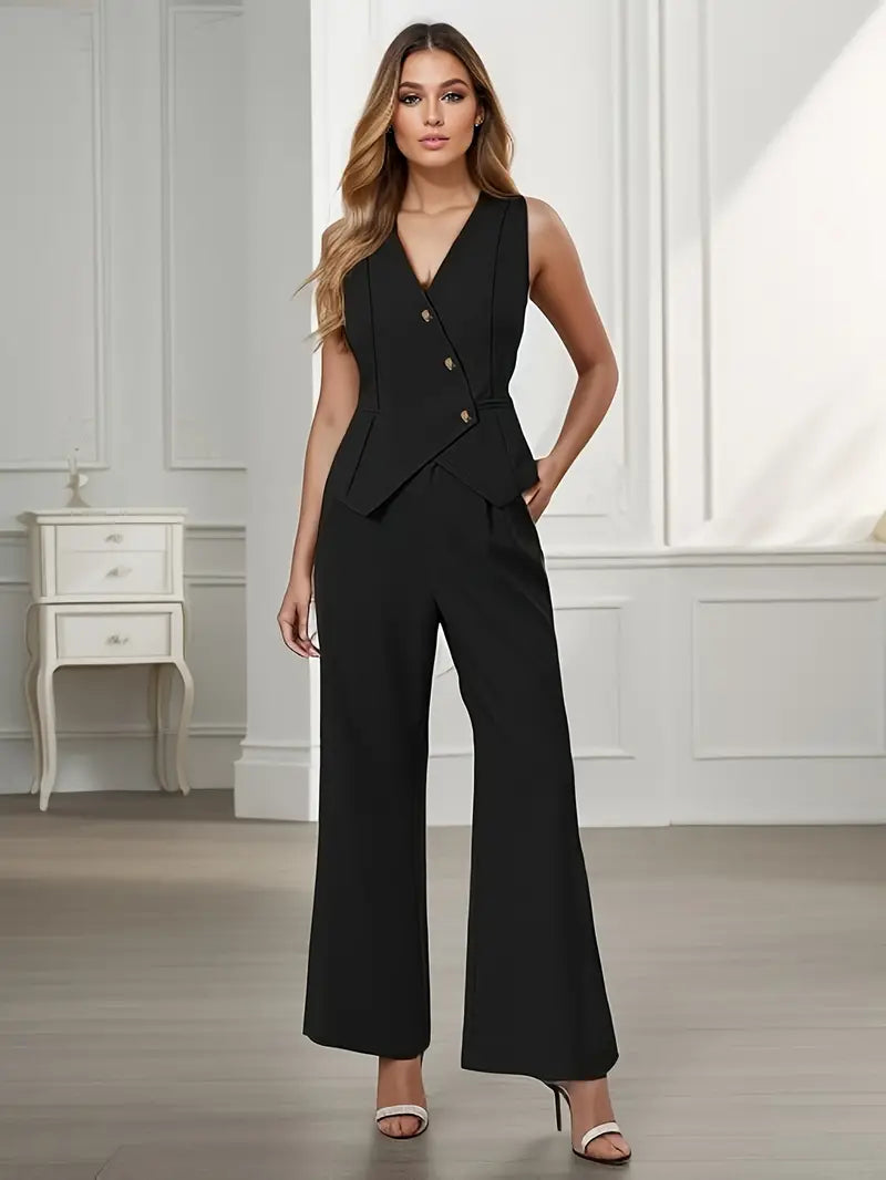 Trendy ladies' trousers suit set with waistcoat & flared trousers – Selina-Beige-XS-State of Style