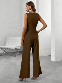 Trendy ladies' trousers suit set with waistcoat & flared trousers – Selina-Beige-XS-State of Style