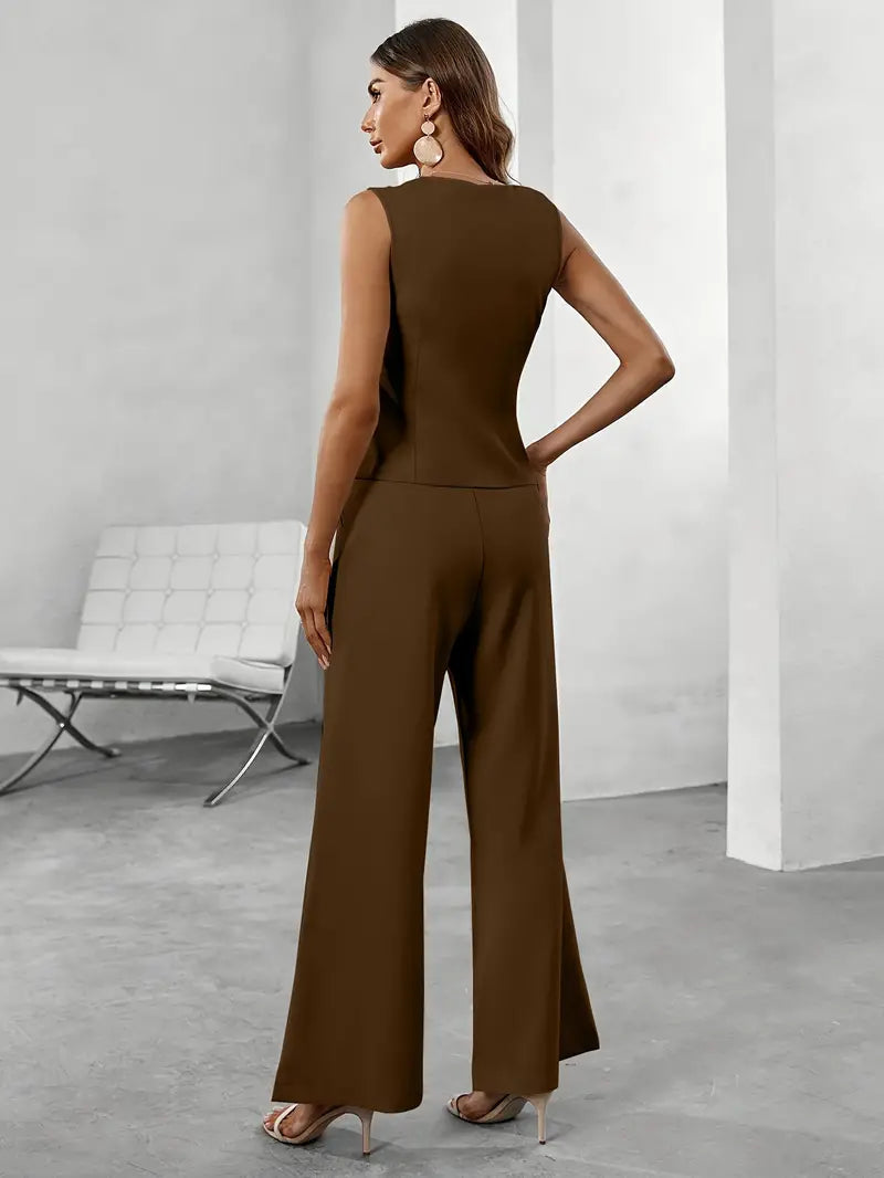 Trendy ladies' trousers suit set with waistcoat & flared trousers – Selina-Beige-XS-State of Style