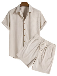Trendy men's summer set with striped design - Beach Style-Beige-State of Style