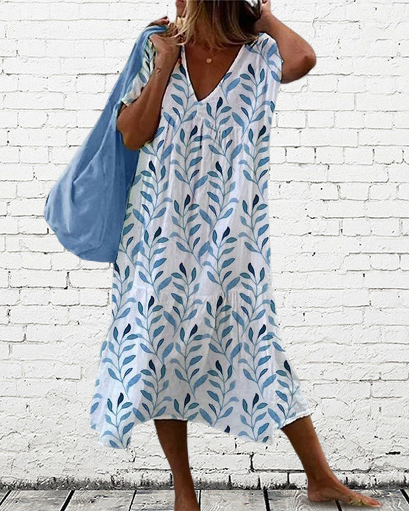 Trendy midi dress with leaf pattern and V-neck – Nea-S-State of Style