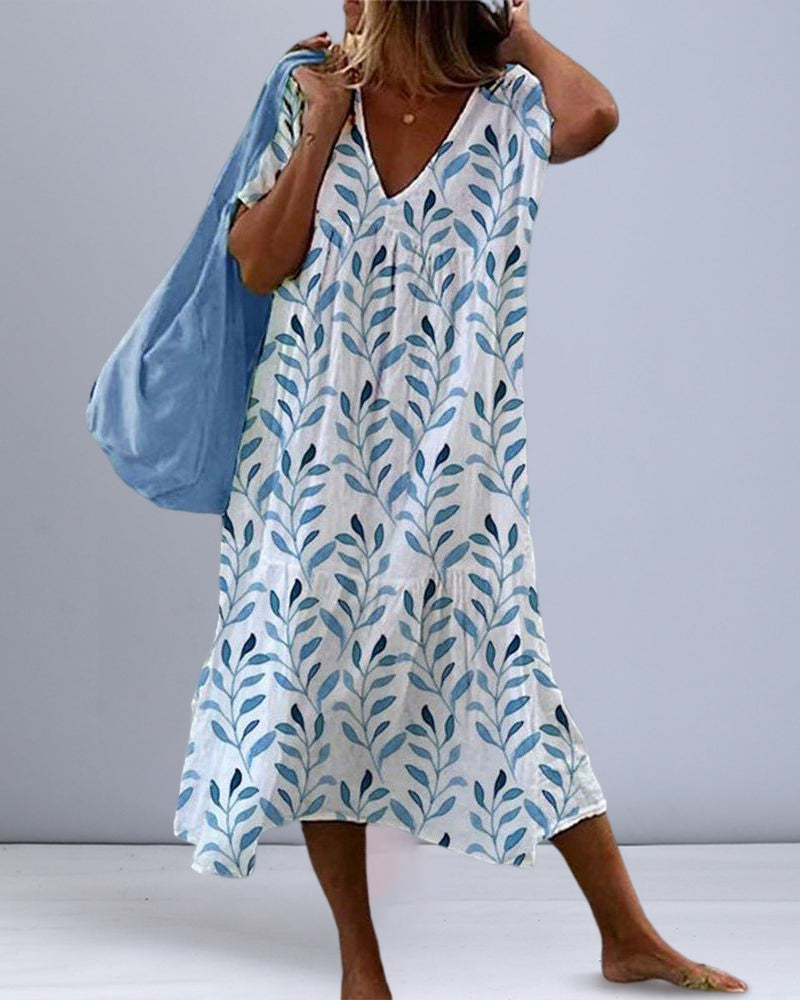 Trendy midi dress with leaf pattern and V-neck – Nea-S-State of Style