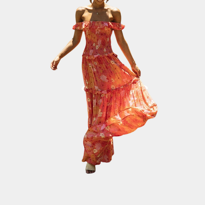 Trendy Orange Floral Print Dress - Elara-S-State of Style