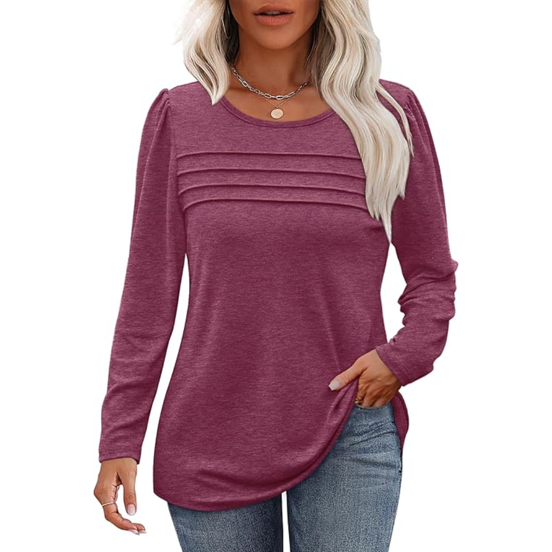 Trendy Pleated Long Sleeve Tunic Top - Sarah-Red-M-State of Style