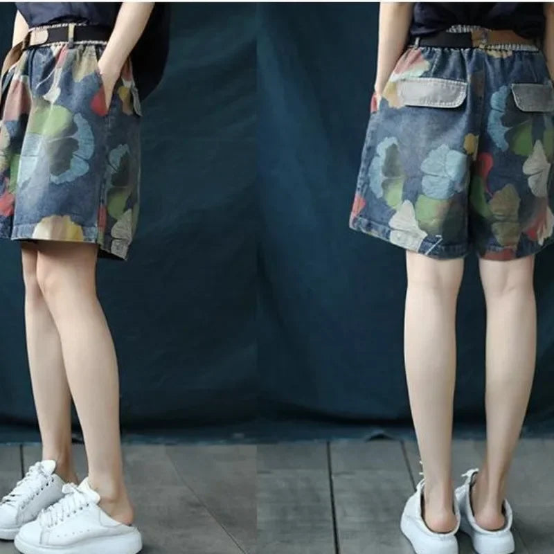 Trendy Printed Denim Shorts in Plus Size for Summer-Black-2XL-State of Style