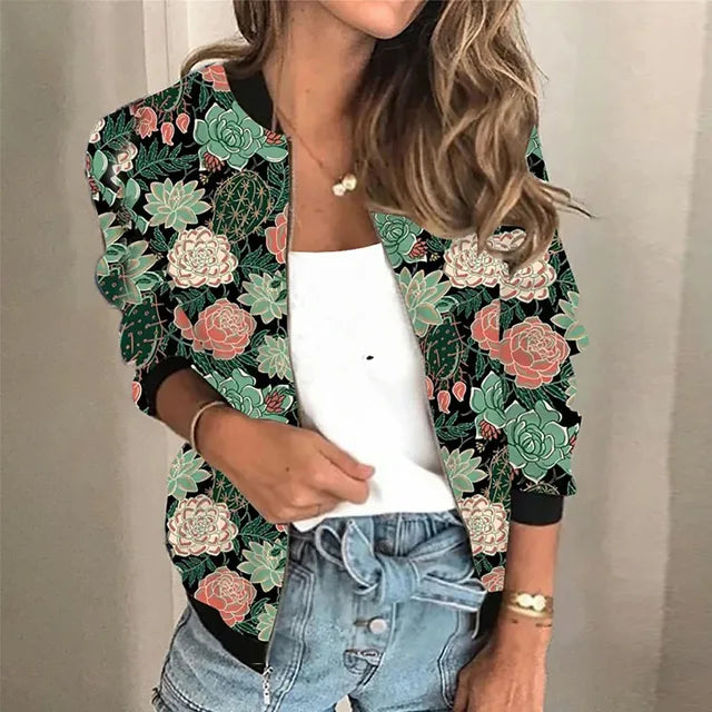 Trendy Printed Ladies Zipper Jacket - Faye-Green-S-State of Style