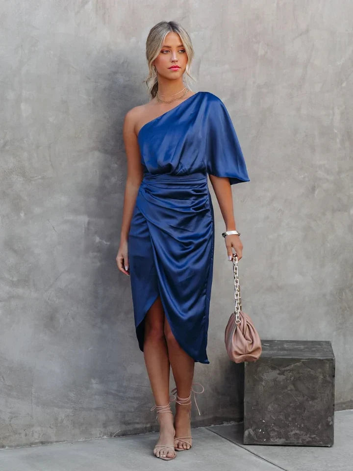 Trendy Satin One-Shoulder Dress - Clara-Blue-S-State of Style